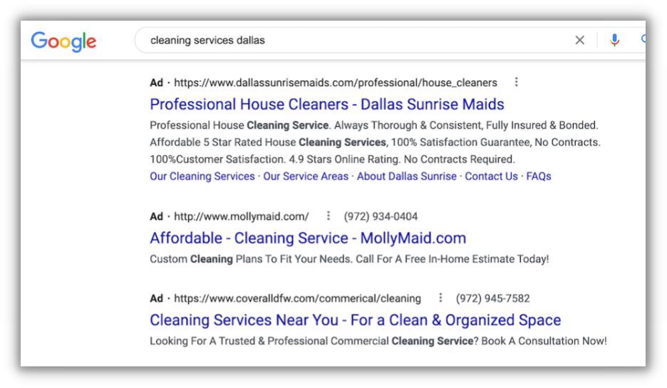 local ppc results for cleaning services google search