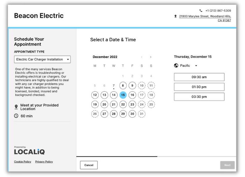 localiq scheduler example webpage