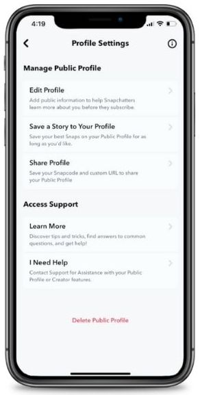 page where you can manage your public profile on snapchat