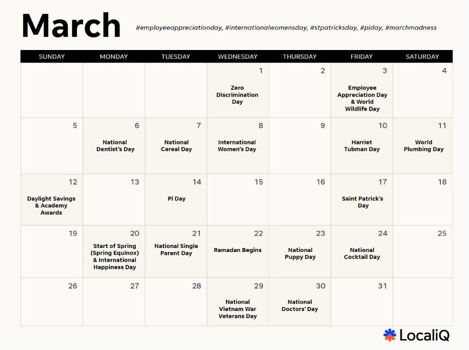 march social media calendar for 2023
