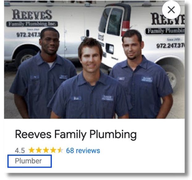 plumber google business profile with primary category showing