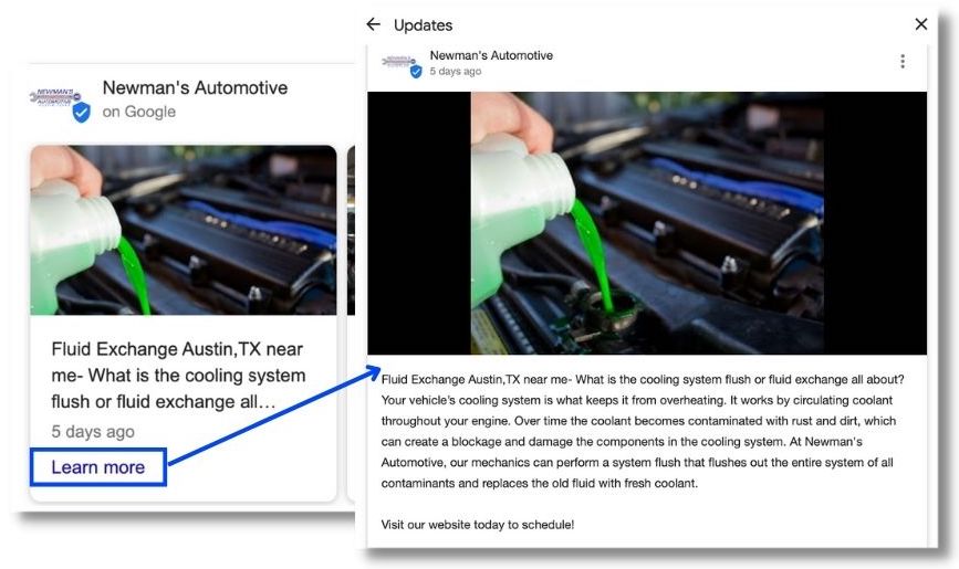 google post updates example from car repair business in austin