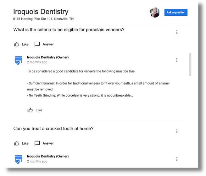 screenshot of google business profile with questions and answers
