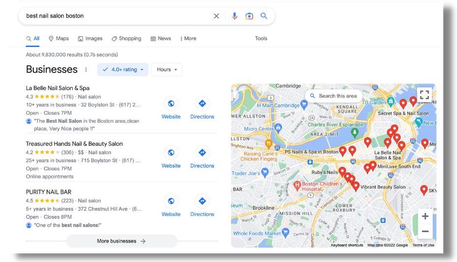 screenshot of search for best nail salon boston with three listings showing