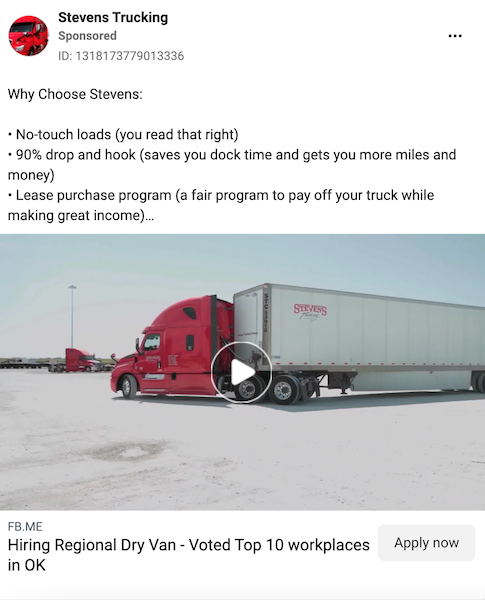 recruitment marketing facebook ad example from trucking company