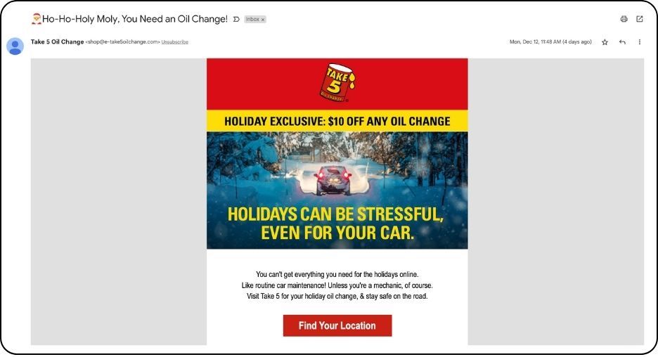 oil change service discount email example for holidays