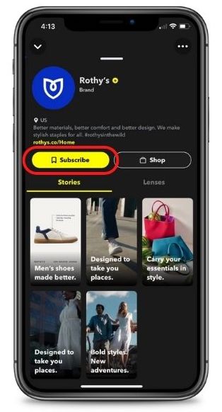 example of a snapchat public profile from rothys with subscribe button circled