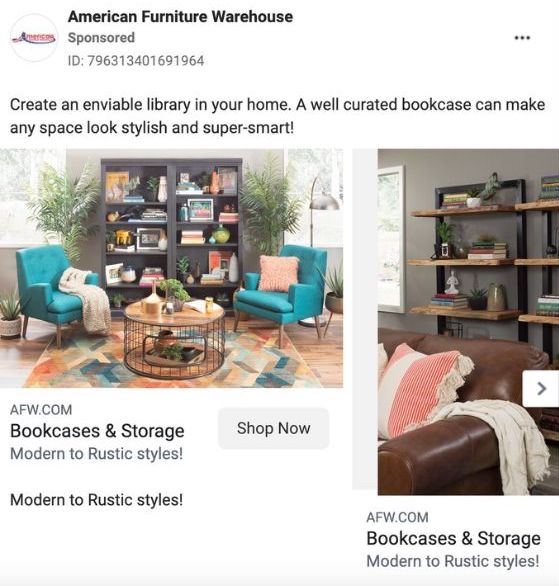 example of furniture retailer facebook ad