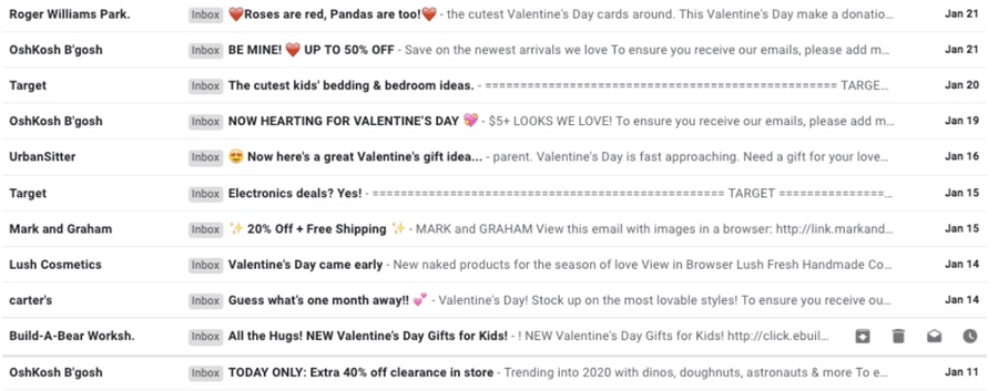 valentines day marketing ideas - email subject lines example