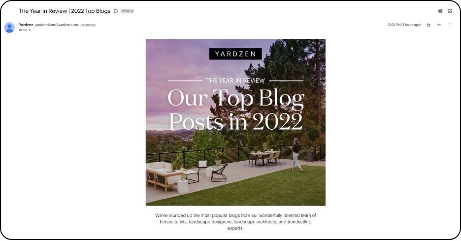 year in review email example from yardzen with top blog posts for 2022