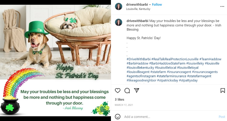 catchy St. Patrick's Day quotes - example of a business posting on Instagram using a St. Patrick's Day quote