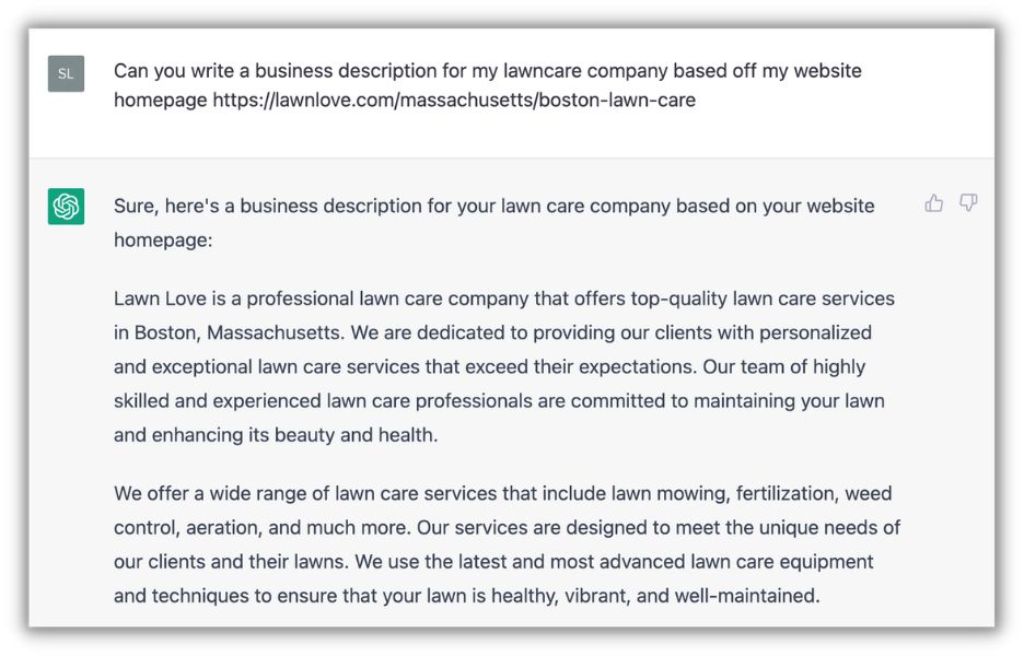 chatgpt business description example from business url for lawn care company