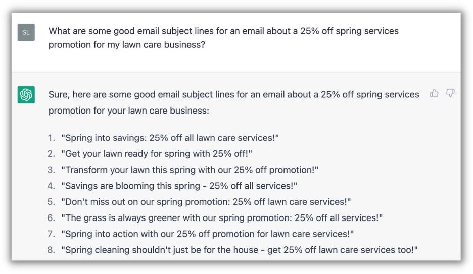 chatgpt spring promotion for lawn care business email subject line suggestions