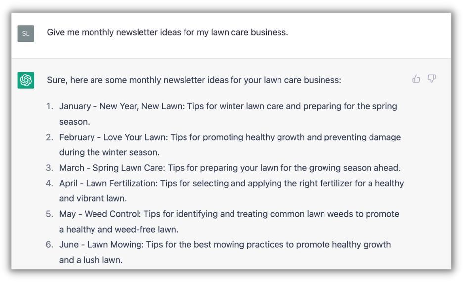 chatgpt monthly newsletter ideas for lawn care business