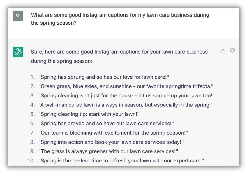 chatgpt suggestions for instagram caption ideas for spring lawn care business