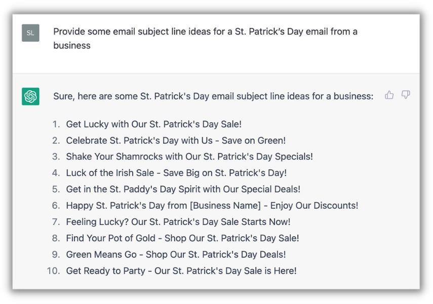 chatgpt st patrick's day subject line ideas for a business