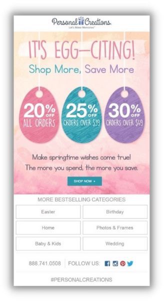easter marketing slogan in email campaign from personal creations