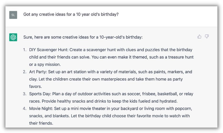 chatgpt prompt and answer about 10-year-old birthday party ideas