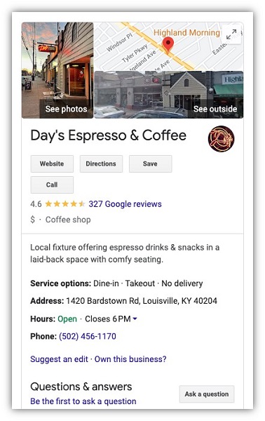 online presence - google business profile example