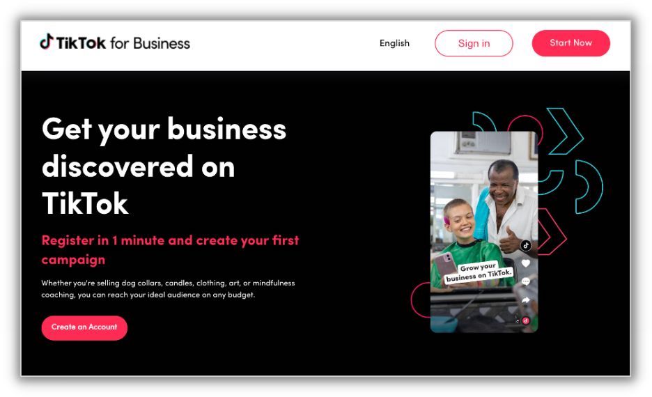 screenshot of tiktok for business homepage