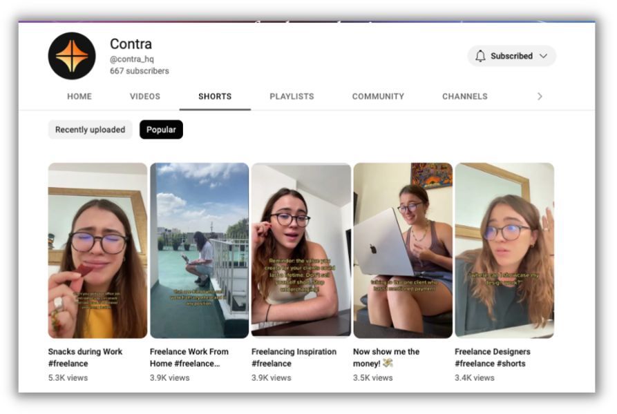 youtube shorts examples from contra on their youtube channel homepage