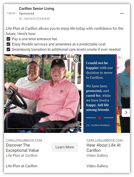 best facebook ad example - senior living facebook ad example