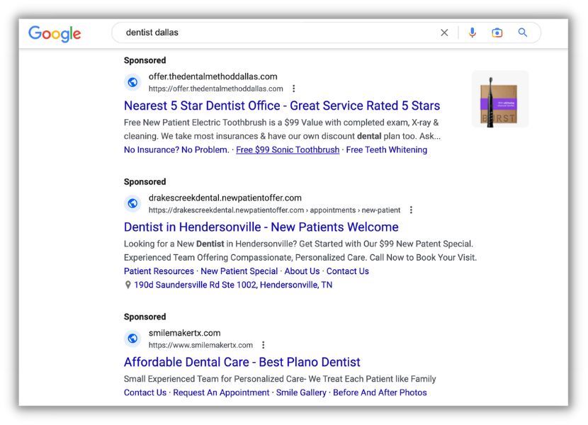 google ads for dentist dallas search
