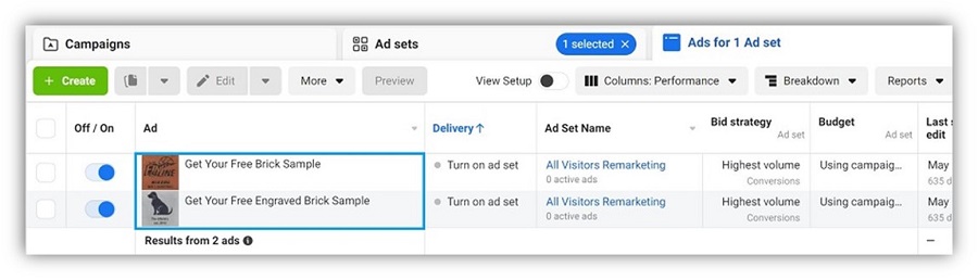 facebook ads best practices - example A/B testing in Facebook ads campaign view