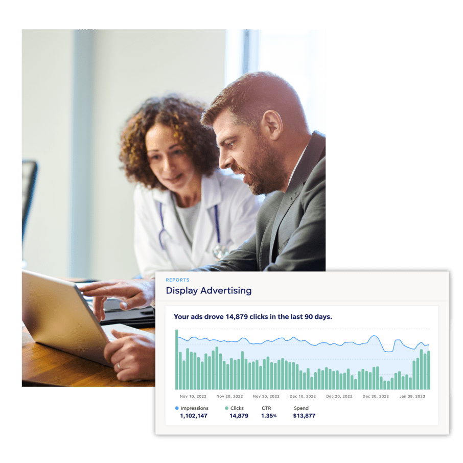 A clinician and a businessman looking at a laptop with display advertising analytics overlapping the image