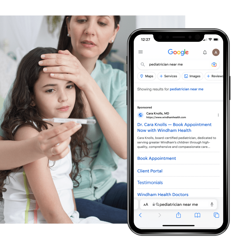 Mother feeling her daughter’s head for her temperature and looking at a thermometer. A phone displaying search engine results for a doctor is overlapping the image