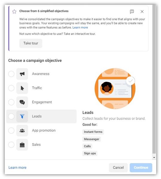 how to run facebook ads - screenshot of picking campaign objective