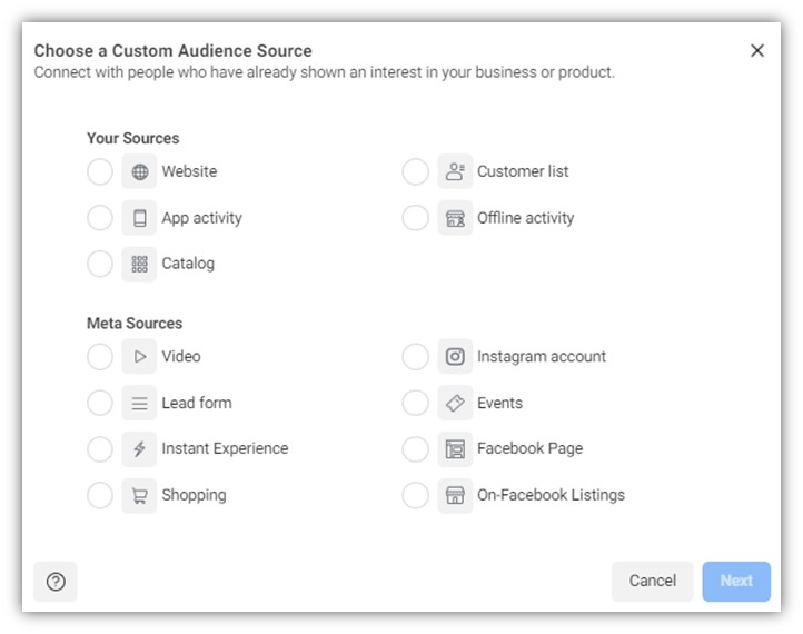 how to run facebook ads - screenshot of selecting an audience source