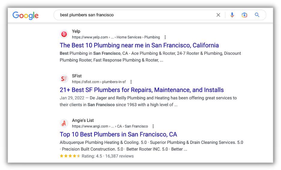 google search for best plumbers that shows three results from business directories