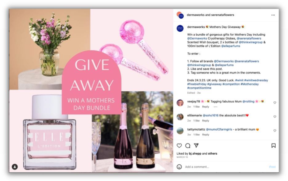 instagram post promoting mother's day giveaway gift bundle