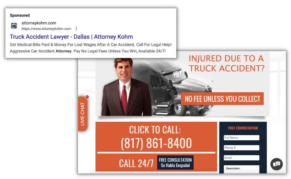 landing page for lawyer that closely ties to ppc ad copy