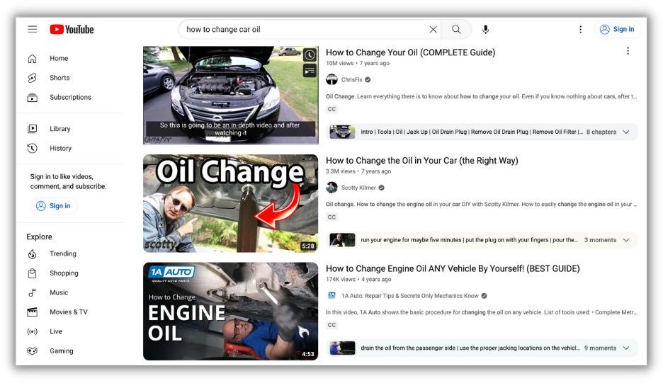 example of youtube search for how to change car oil with related videos ranking