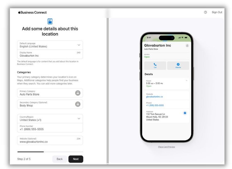 Add business on Apple Maps - screenshot of page to add business details