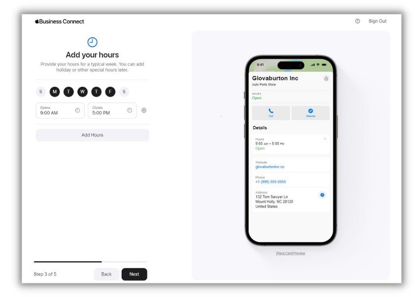 Add business on Apple Maps - screenshot of page to add business hours