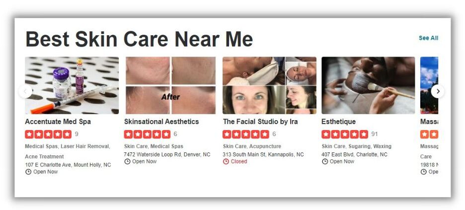 Screenshot of a Yelp page showing skin care clinics
