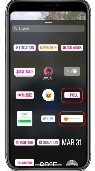 Instagram polls - a screenshot showing all the stickers you can add to Instagram polls