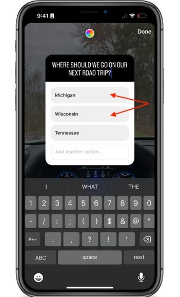 Instagram polls - screenshot showing how to add choices to a poll