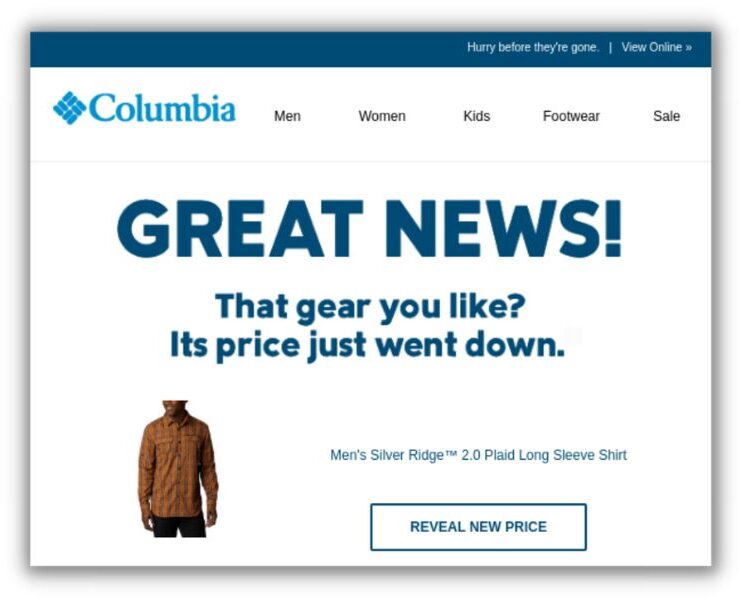 Email subject lines for sales - example email from Columbia