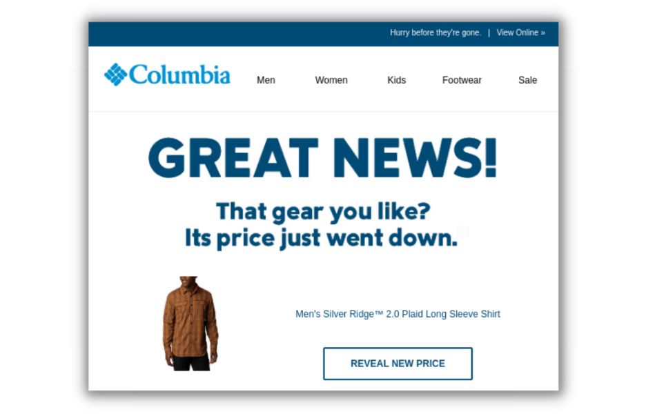 Email subject lines for sales - example email from Columbia