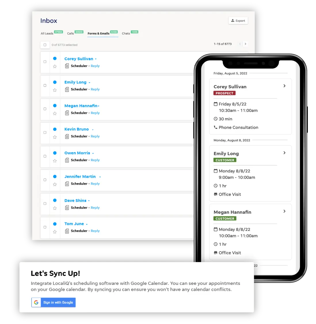 Screenshots of various LocalIQ scheduling app features