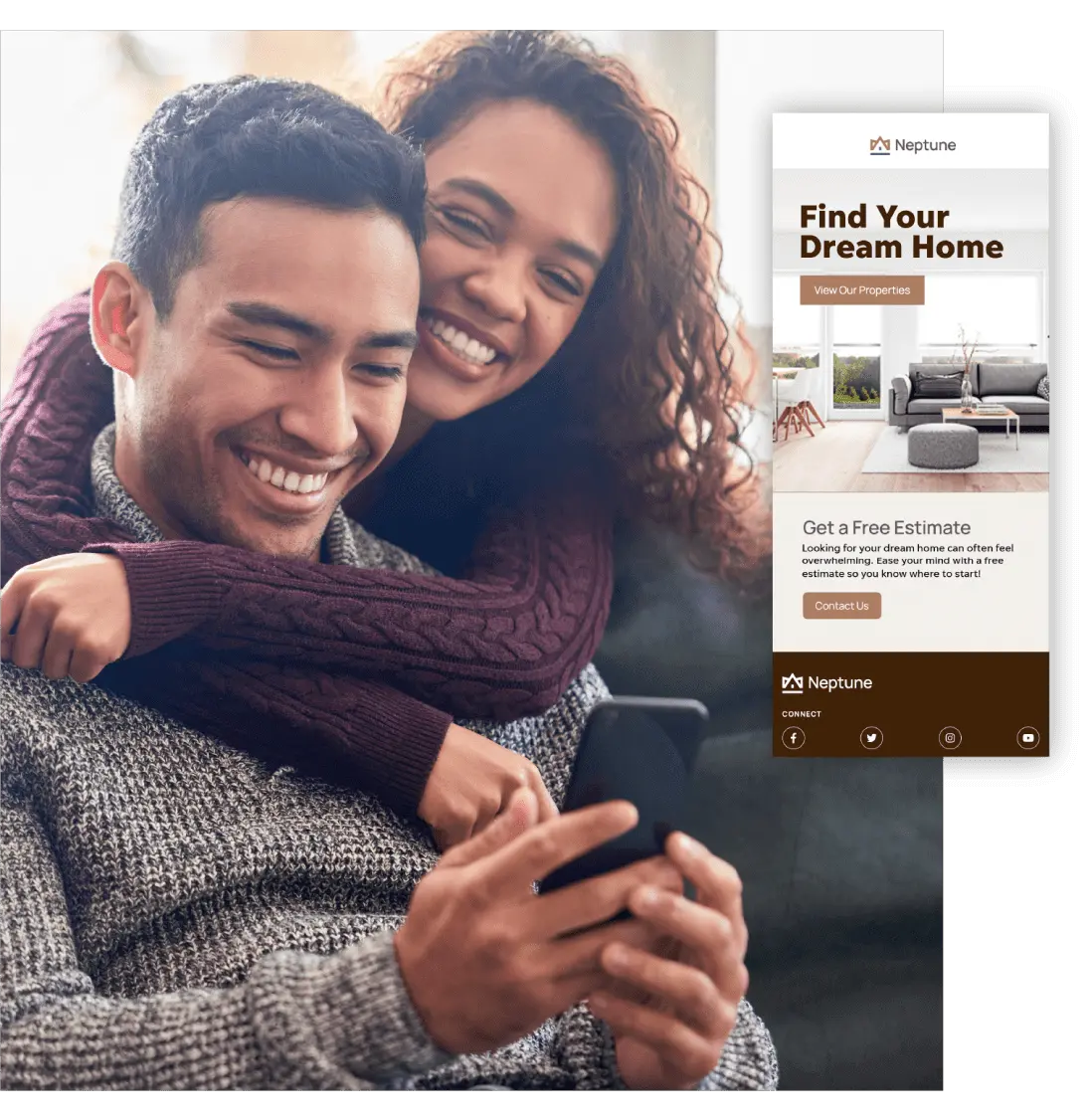 Couple looking into a smartphone which shows an email newsletter from a local business