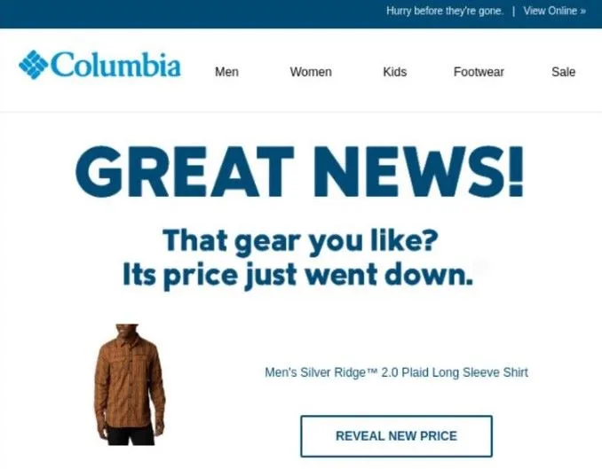 email subject lines for sales - email from Columbia.