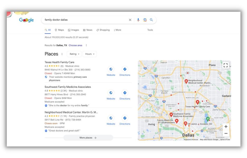 Screenshot of Google results page showing the local three pack