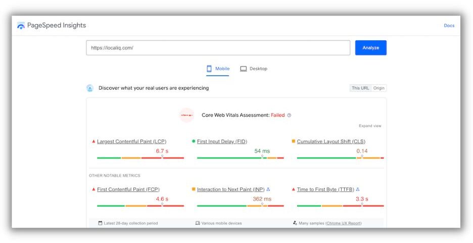 Screenshot of Google Page Speed Insights dashboard