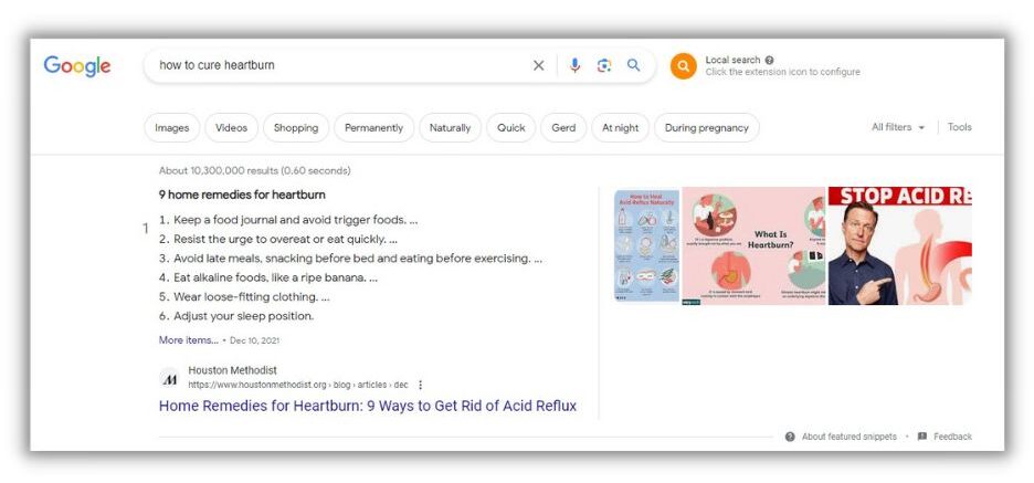 Google result page with featured images