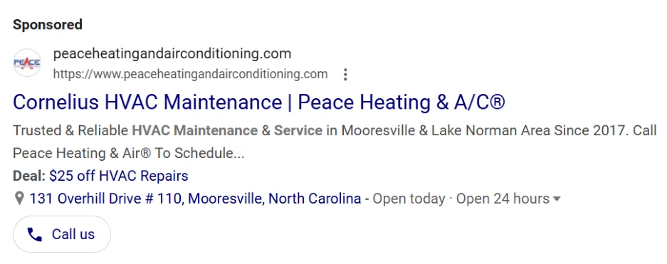 Home services benchmarks - Google Ad for HVAC business.